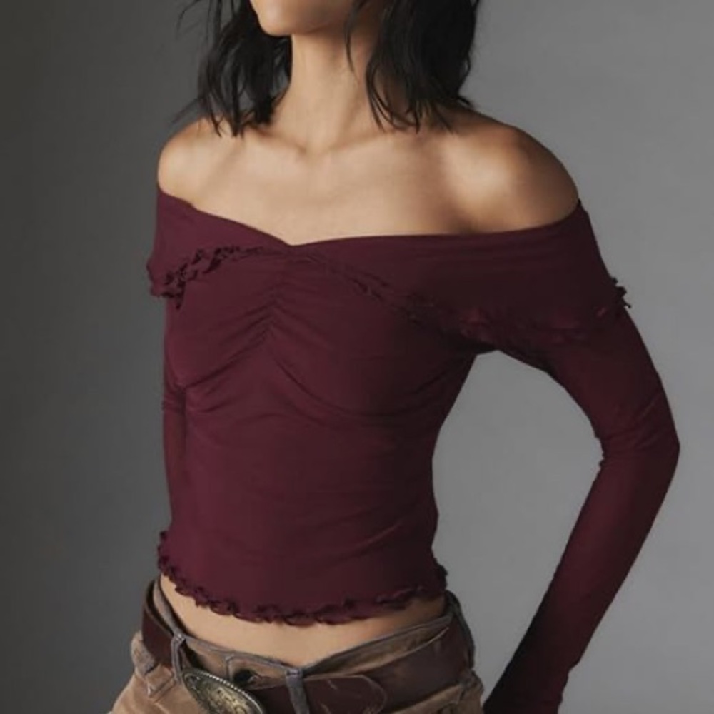 [uo] burgundy kristy ruffle off-shoulder top